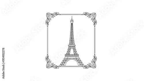 Detailed black and white ink drawing of the Eiffel Tower landmark enclosed in a vintage floral decorative frame.