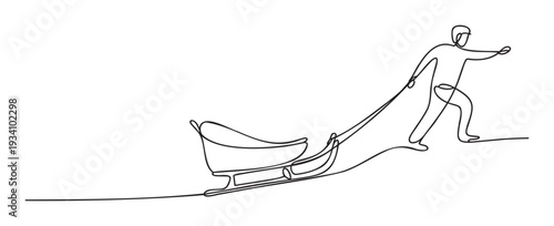 Abstract one line drawing of a person pulling a heavy sled up a challenging slope, illustrating perseverance, struggle, and overcoming difficulties, ideal for motivational speeches or
