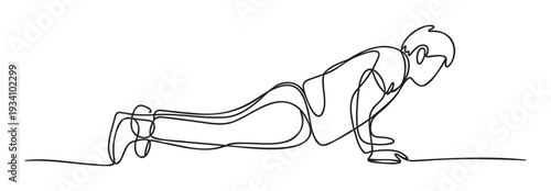 Energetic person performing a pushup exercise as part of a strength training routine depicted in a smooth continuous line drawing style suitable for promoting healthy active lifestyles