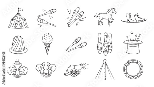 Collection of hand drawn circus themed elements including a big top tent, juggling clubs, clown faces, magic hat, and horse, perfect for amusement park and festival event graphics.