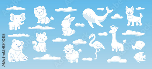 Cloud animal. Shaped Cumulus like bird, sheep and horse. Cute white forms, funny cartoon style isolated element. Cloudy characters for kids imagination. Peaceful cloudscape. Vector sky mass garish set