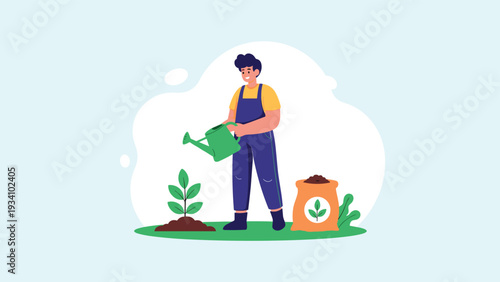 Happy gardener in overalls watering a young green plant from a green can next to a sack of organic fertilizer.