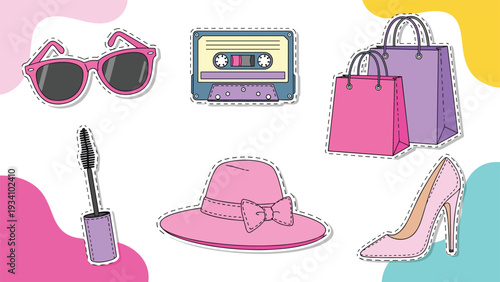 Trendy collection of fashion and beauty stickers including sunglasses a cassette tape shopping bags and accessories.