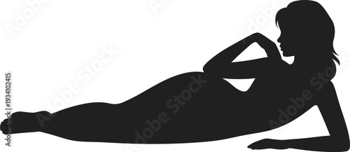 Black silhouette profile of a graceful woman lying on her side in a relaxed pose isolated on white background for wellness and beauty concepts (24 words)