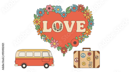 Vintage style love illustration featuring a floral heart a retro camper bus and a travel suitcase with stickers.