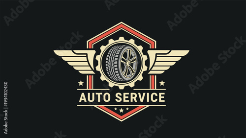 Professional auto service logo design featuring a car tire inside a mechanical gear with golden wings.