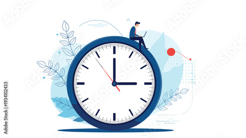 Conceptual illustration of a businessman working on his laptop while sitting on the edge of a giant clock.