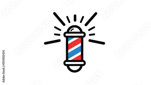 Classic red white and blue barber pole icon with rays of light representing a traditional hair salon or barbershop.