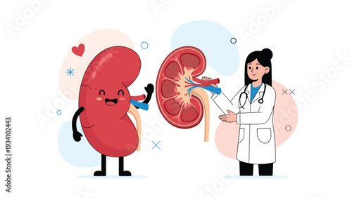 Female doctor in medical uniform explaining kidney anatomy next to a friendly personified happy kidney character.