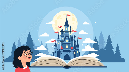 Young girl amazed by a magical fairy tale castle emerging from an open book under a bright full moon.