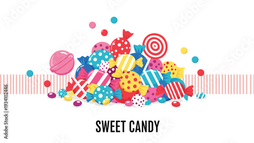 Delicious mountain of colorful candies lollipops and sweets on a festive background with pink stripes.