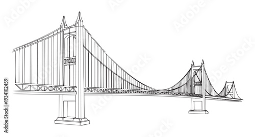 Graphic representation of a magnificent multispan suspension bridge structure, useful for urban development projects, transportation themed media, and educational materials.