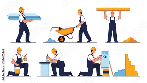 Set of construction workers and laborers engaged in various building activities like carrying materials painting and wall building.
