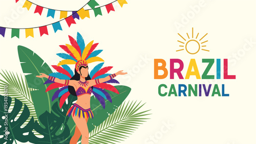 Energetic carnival dancer in colorful feathered costume performing for the Brazil Carnival festival in Rio.