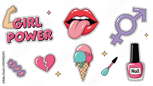 Collection of girl power stickers featuring lips heart ice cream gender symbol nail polish and mascara on white background.