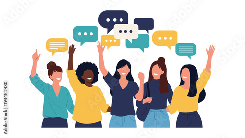 Diverse group of happy young women raising their hands and cheering together with speech bubbles above them on white background.