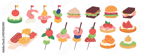 Canape. Burger on toothpick. Tasty mini aperitif food for party. Cartoon catering menu platter. Buffet appetizer sandwich and desserts variety. Stick meal vector dish garish icon isolated illustration
