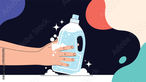 Human hands holding a large bottle of liquid cleaning detergent with soapy bubbles and sparkles representing hygiene and cleanliness.