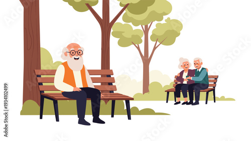 Elderly man with a long white beard sitting on a park bench while a senior couple enjoys their time together in the background.