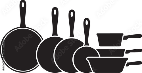 Black frying pans and saucepans with white outlines