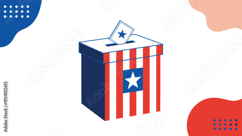 American election voting box with stars and stripes design and a ballot being inserted on a blue and red abstract background.