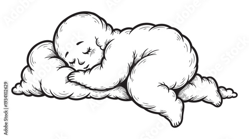 This adorable sleeping baby depicted on a soft, puffy cloud evokes feelings of calm and innocence, suitable for nurseries, baby product marketing, or lullaby album covers.