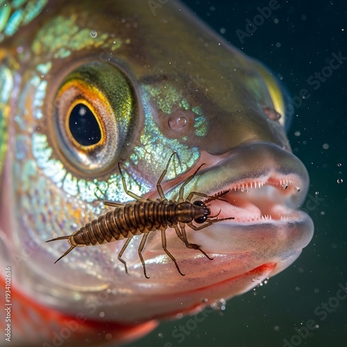 A close-up of a fish eating a mayfly near the water surface