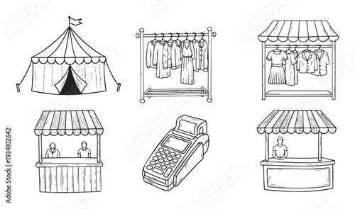 Handdrawn collection of market elements including sales booths, clothing racks, a tent, and a payment terminal, useful for business and retail graphic projects