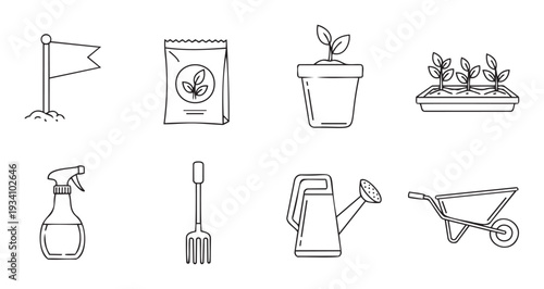 Essential line icons representing various gardening tools and supplies including flag markers, seed packets, potted plants, seedling trays, spray bottles, hand cultivators, watering cans,