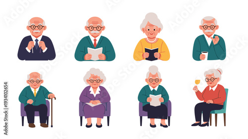 Set of senior people characters in various activities like reading drinking coffee walking with a cane and sitting together.