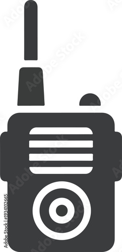 A black and white illustration of a walkietalkie It has an antenna speaker and buttons