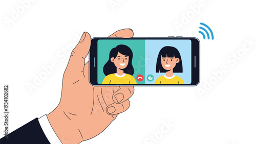 Human hand holding a smartphone during a video call between two young women with communication and network signal icons.