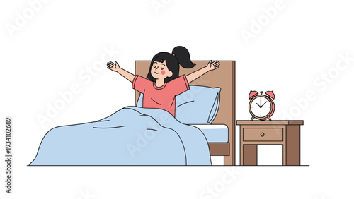 Cute young girl waking up and stretching her arms in bed on a bright morning next to a nightstand with a red alarm clock.