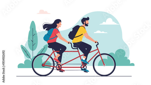 Happy young couple riding a red tandem bicycle together through a beautiful park with green trees and abstract cloud background.