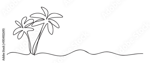 Continuous line drawing of two tropical palm trees standing on a wavy sandy beach, perfect for vacation brochures, travel agency promotions, or summer holiday advertising materials.