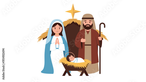Classic religious Christmas nativity scene featuring Mary Joseph and baby Jesus in a wooden manger under a bright golden star.