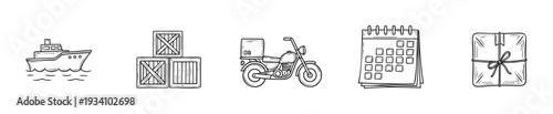 Essential transportation and delivery service icons featuring a ship, stacked wooden crates, a motorcycle with a box, calendar, and a wrapped package, ideal for illustrating global