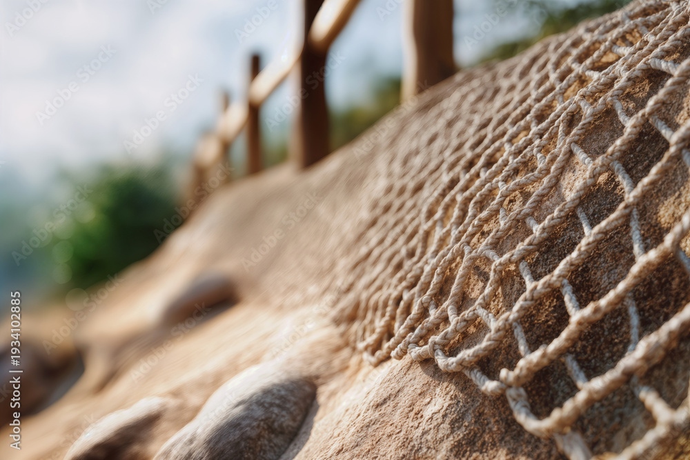 Naklejka premium Erosion Control Mesh on Sandy Slope with Wooden Fence for Environmental