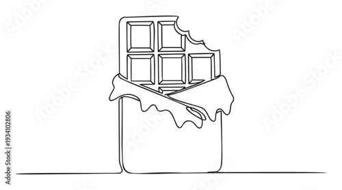 A continuous line drawing of a chocolate bar with one piece broken off and its wrapper pulled down, perfect for confectionery marketing, sweet snack advertising, or minimalist food related