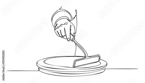 Continuous line drawing of a hand holding a spatula serving food onto stacked plates, suitable for cooking blogs, restaurant menus, culinary websites, and kitchen decor projects.