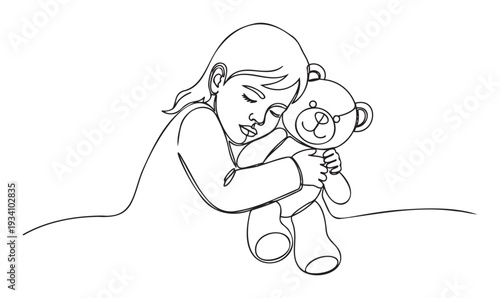 A comforting continuous line drawing of a young child holding a teddy bear, conveying innocence and security for childrens themes or emotional support content.