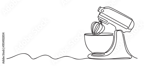 Simple single line graphic of a modern kitchen stand mixer with a bowl and whisk, great for contemporary culinary branding, recipe illustrations, and kitchen decor.