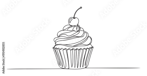 Simple elegant continuous line drawing of a delicious cupcake topped with a fresh cherry, perfect for bakery branding, dessert menus, or sweet treat marketing materials.