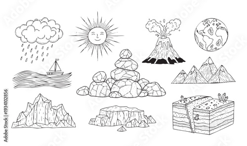 Black and white handdrawn nature and geology icons including sun, rain cloud, volcano, earth, mountains, rocks, sailboat, and geological layers for educational resources and environmental