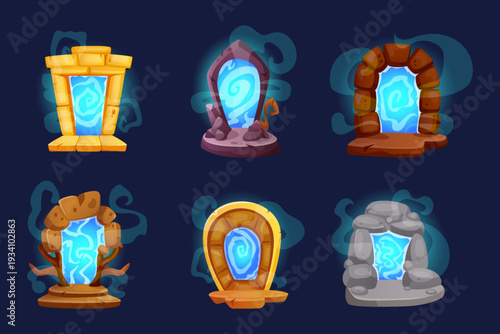 Portal. Game fantasy. Cartoon cave, magic from hell. Shape stone. Teleport light. World ancient. Neon gateway. Mist and energy, mystical entrances, game UI assets for teleportation. Vector tidy arch