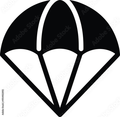 A black and white parachute illustration The canopy is mostly black with white lines The lines are from the canopy to a point