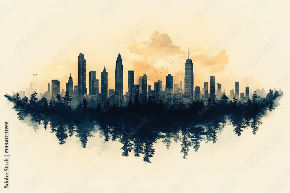 Fototapeta premium Minimalist skyline silhouettes at sunset with forest reflection in warm tones