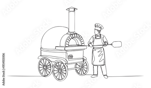 A professional chef preparing to cook a delicious meal in a traditional portable woodfired pizza oven, perfect for food industry marketing, restaurant branding, or culinary event promotion.