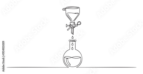 Outline illustration of a chemical laboratory separation process with liquid flowing from a stopcock funnel into a round bottom flask, useful for chemistry and science visuals.