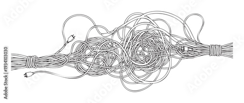 Electrical wires and power cords forming a complex tangled mess highlighting concepts of connectivity data flow and potential technical problems suitable for technology and communication